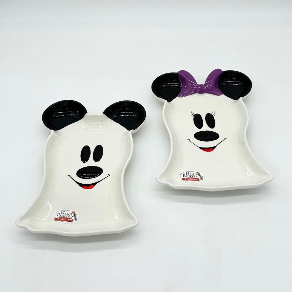 2 Disney Mickey & Minnie Mouse Ghost Figural Halloween Serving Tray Set of 2 NEW